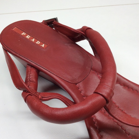 PRADA RED LEATHER WEDGE SANDALS - Picture 9 of 14